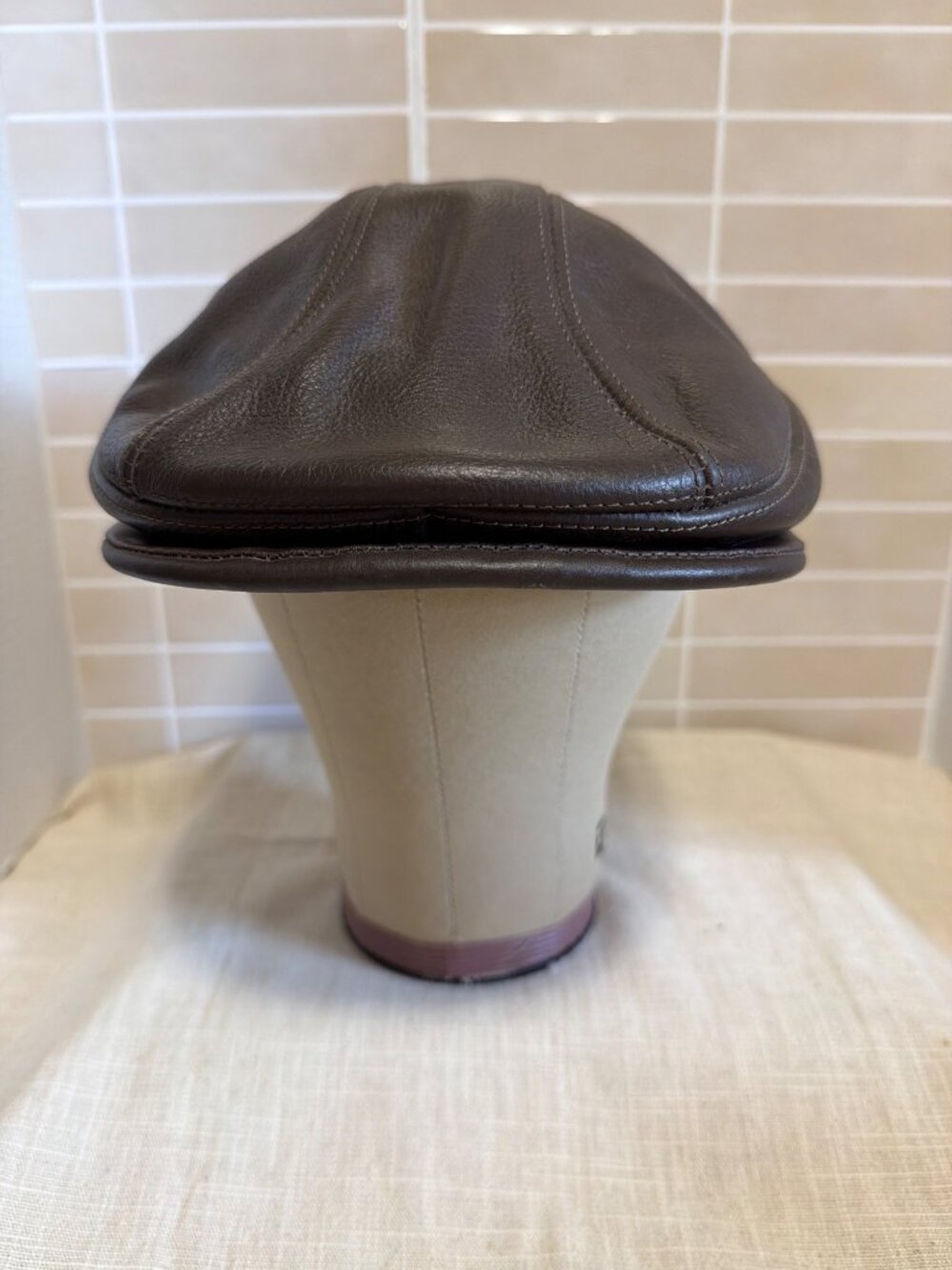 Vintage Leather Cabbie Beret F Star America Hat Cap USA Fitted Brown Size S/M